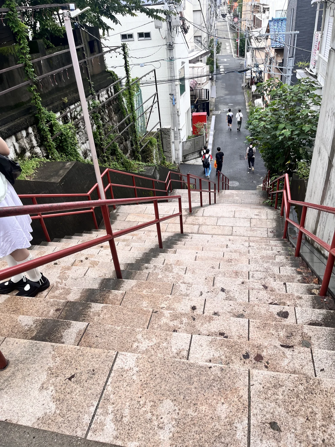 街巷间向下延伸的石阶、红色扶手与绿树