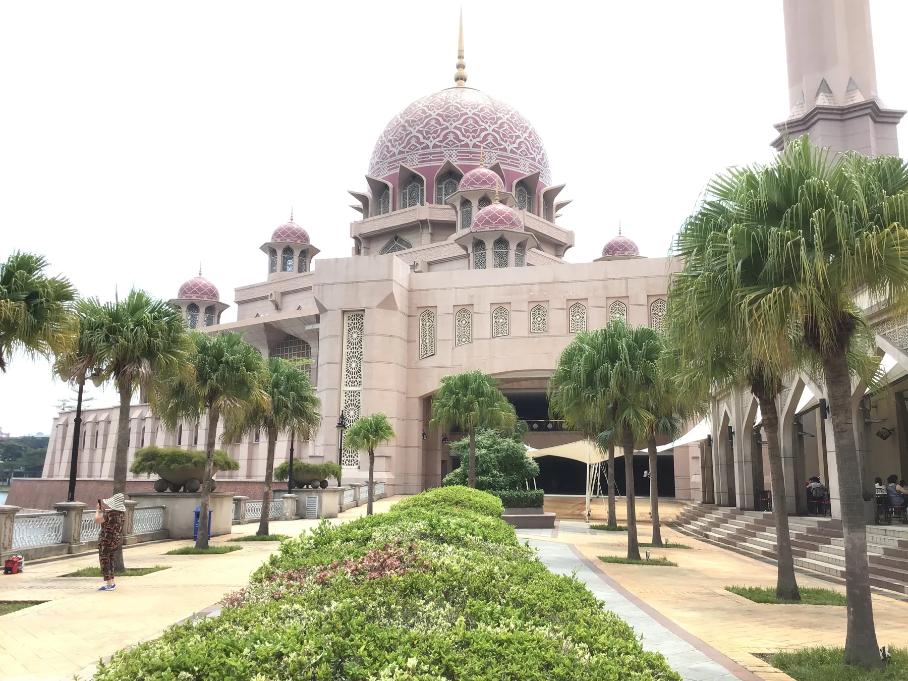 棕榈树与粉色穹顶建筑前的花园