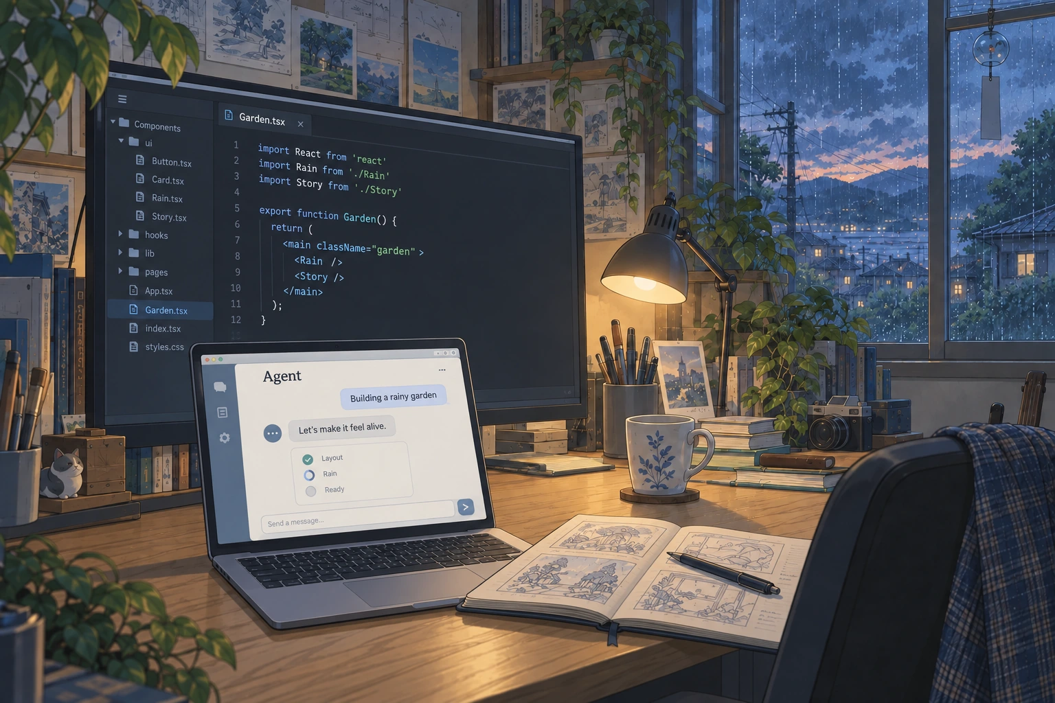 雨窗边的双屏创作桌面，MacBook 中的 Agent 对话与外接屏中的编程 IDE 相互配合
