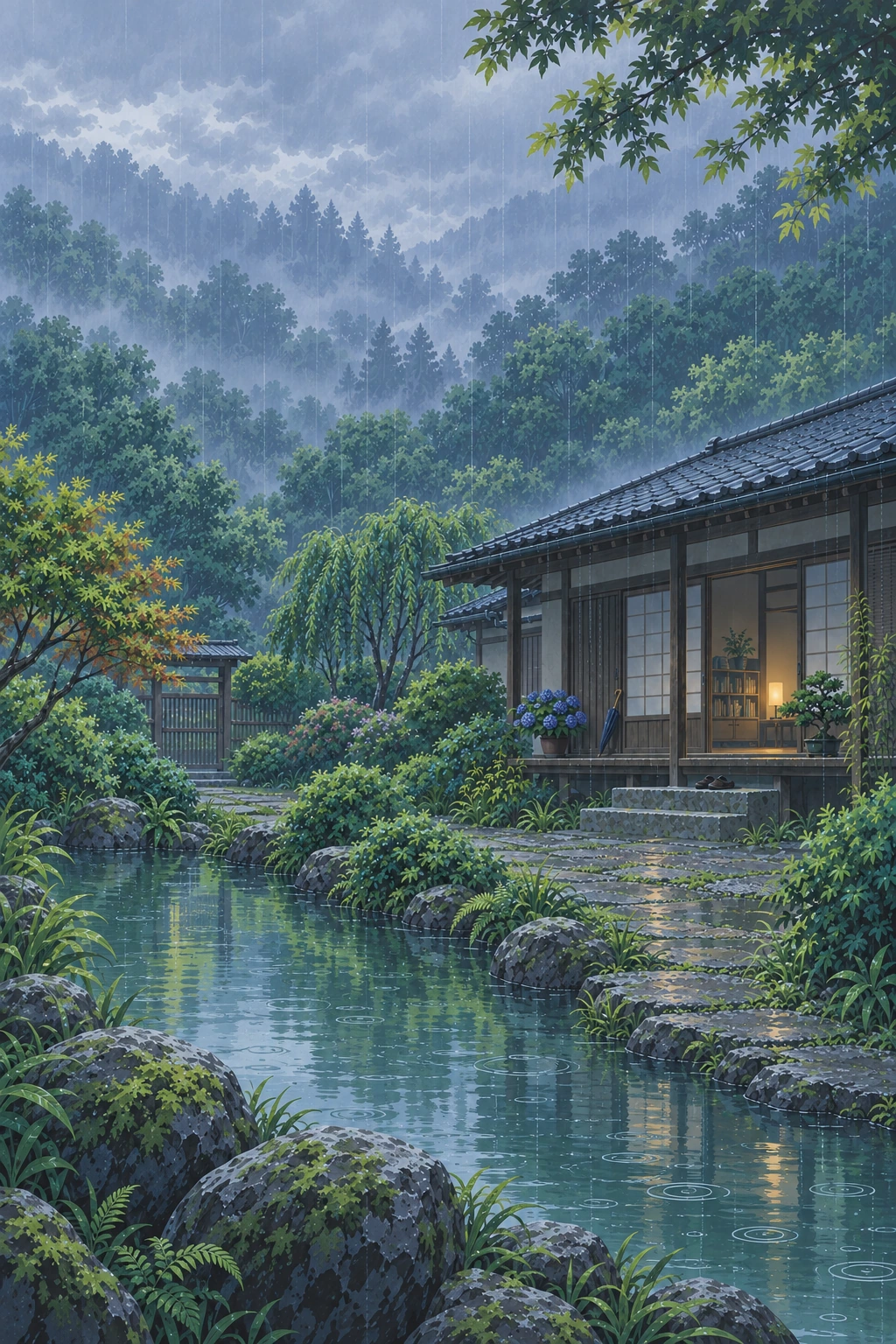 雨中的手绘庭院，枫枝与池水环绕着亮起暖灯的木屋