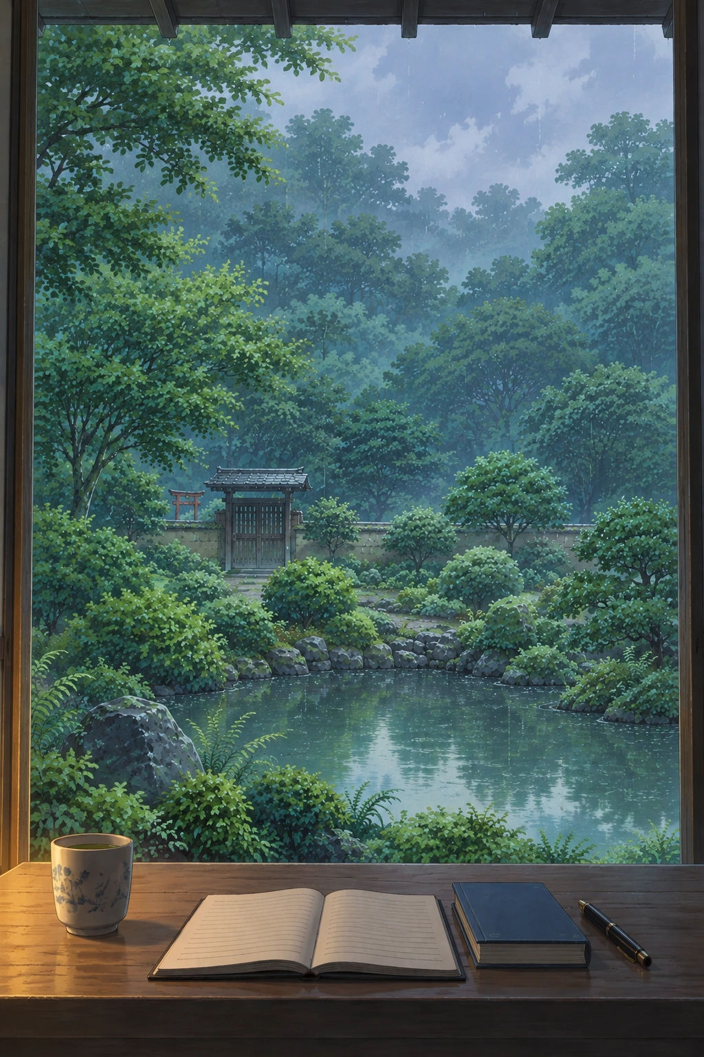手绘书桌上的茶杯、书本与便笺，窗外是落着细雨的庭院