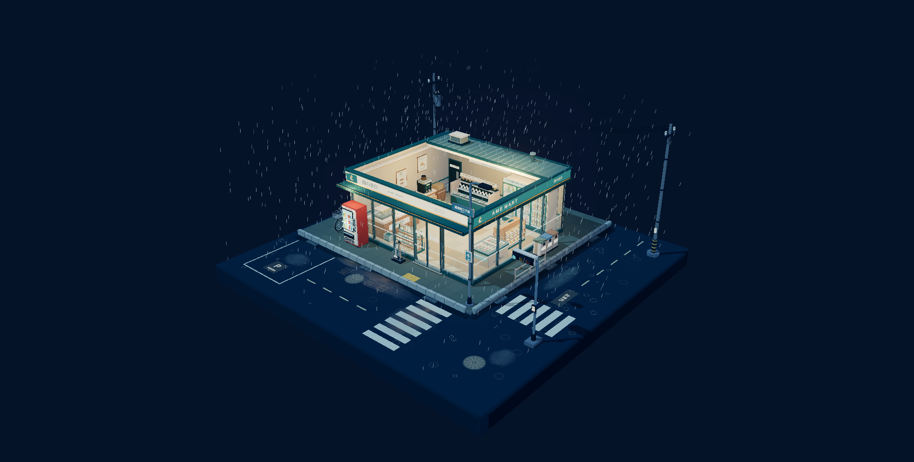 细雨中的 AME MART 便利店微缩模型，玻璃窗透出暖光
